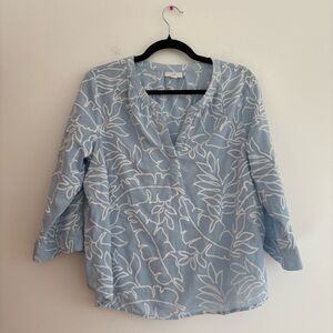 J Jill Embroidered Blue Top Split Neck Spring Breathable Church Vacation Med PET